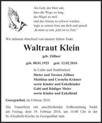 Traueranzeige von Waltraut Klein von Ostthüringer Zeitung, Thüringische Landeszeitung