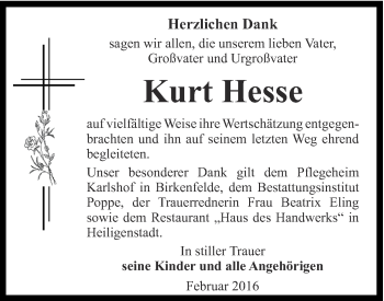 Traueranzeige von Kurt Hesse von Thüringer Allgemeine
