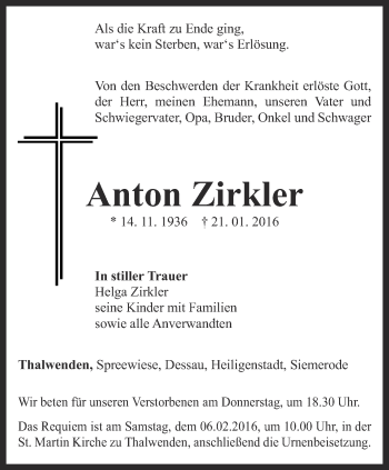 Traueranzeige von Anton Zirkler von Thüringer Allgemeine