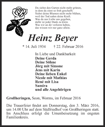 Traueranzeige von Heinz Beyer von Thüringer Allgemeine, Thüringische Landeszeitung