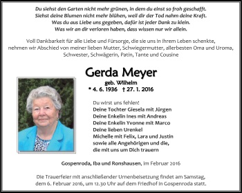 Traueranzeige von Gerda Meyer von Thüringer Allgemeine, Thüringische Landeszeitung