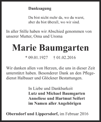 Traueranzeige von Marie Baumgarten von Ostthüringer Zeitung