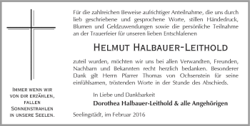 Traueranzeige von Helmut Halbauer-Leithold von Ostthüringer Zeitung