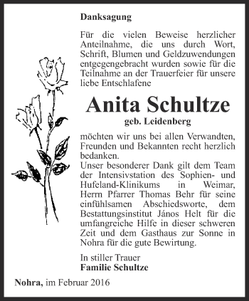 Traueranzeige von Anita Schultze von Thüringer Allgemeine, Thüringische Landeszeitung