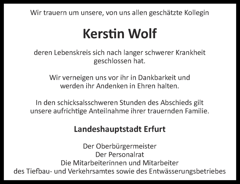  Traueranzeige für Kerstin Wolf vom 13.02.2016 aus Thüringer Allgemeine, Thüringische Landeszeitung