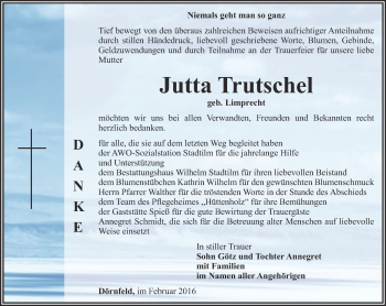 Traueranzeige von Jutta Truschel von Thüringer Allgemeine