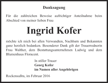 Traueranzeige von Ingrid Kofer von Thüringer Allgemeine