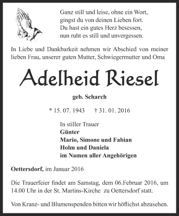 Traueranzeige von Adelheid Riesel von Ostthüringer Zeitung