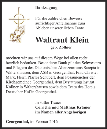 Traueranzeige von Waltraut Klein von Ostthüringer Zeitung, Thüringische Landeszeitung