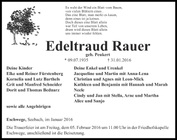 Traueranzeige von Edeltraud Rauer von Thüringer Allgemeine, Thüringische Landeszeitung