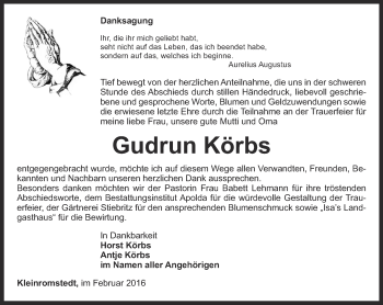 Traueranzeige von Gudrun Körbs von Ostthüringer Zeitung, Thüringische Landeszeitung