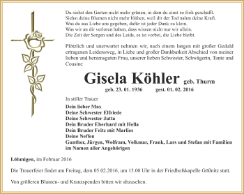 Traueranzeige von Gisela Köhler von Ostthüringer Zeitung