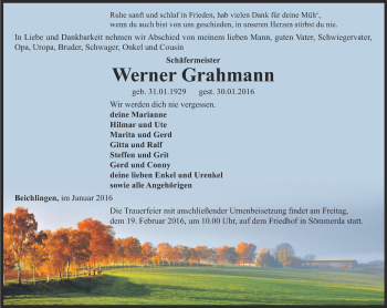 Traueranzeige von Werner Grahmann von Thüringer Allgemeine