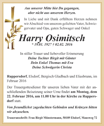 Traueranzeige von Harry Osimitsch von Ostthüringer Zeitung