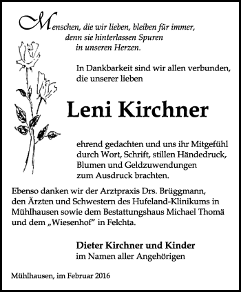 Traueranzeige von Leni Kirchner von Thüringer Allgemeine, Thüringische Landeszeitung