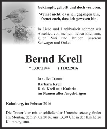 Traueranzeige von Bernd Krell von Ostthüringer Zeitung