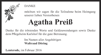 Traueranzeige von Agatha Preiß von Thüringer Allgemeine