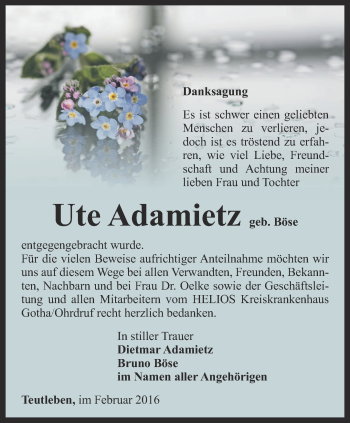 Traueranzeige von Ute Adamietz von Ostthüringer Zeitung, Thüringische Landeszeitung