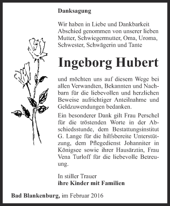 Traueranzeige von Ingeborg Hubert von Ostthüringer Zeitung