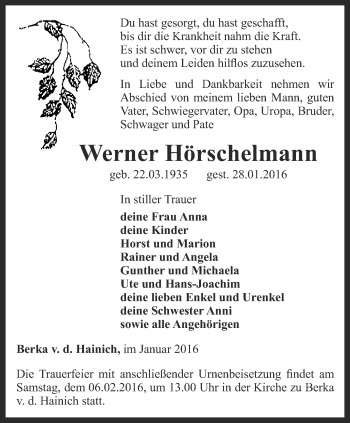 Traueranzeige von Werner Hörschelmann von Thüringer Allgemeine, Thüringische Landeszeitung