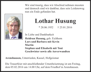 Traueranzeige von Lothar Husung von Thüringer Allgemeine