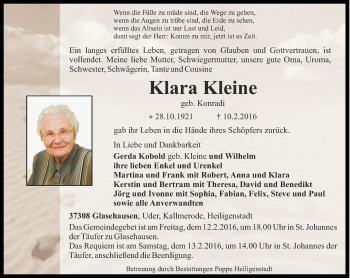 Traueranzeige von Klara Kleine von Thüringer Allgemeine