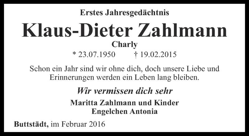 Traueranzeige für Klaus-Dieter Zahlmann vom 19.02.2016 aus Thüringer Allgemeine, Thüringische Landeszeitung