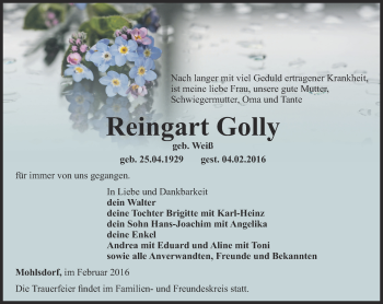 Traueranzeige von Reingart Golly von Ostthüringer Zeitung