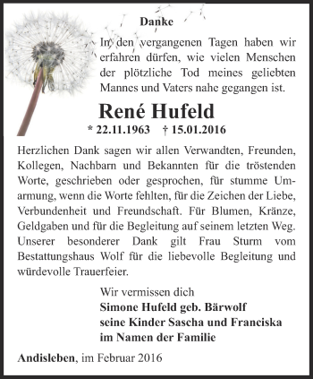Traueranzeige von Hufeld Rene von Thüringer Allgemeine, Thüringische Landeszeitung