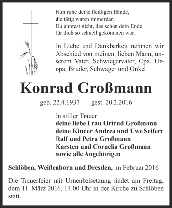 Traueranzeige von Konrad Großmann von Ostthüringer Zeitung