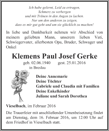 Traueranzeige von Klemens Paul Josef Gerke  von Thüringer Allgemeine, Thüringische Landeszeitung