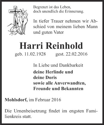 Traueranzeige von Harri Reinhold von Ostthüringer Zeitung