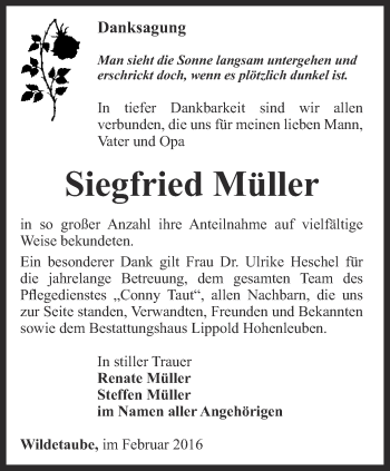Traueranzeige von Siegfried Müller von Ostthüringer Zeitung