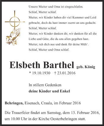 Traueranzeige von Elsbeth Barthel von Ostthüringer Zeitung, Thüringische Landeszeitung