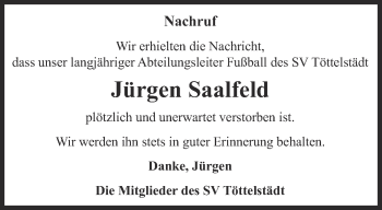 Traueranzeige von Jürgen Saalfeld von Thüringer Allgemeine, Thüringische Landeszeitung