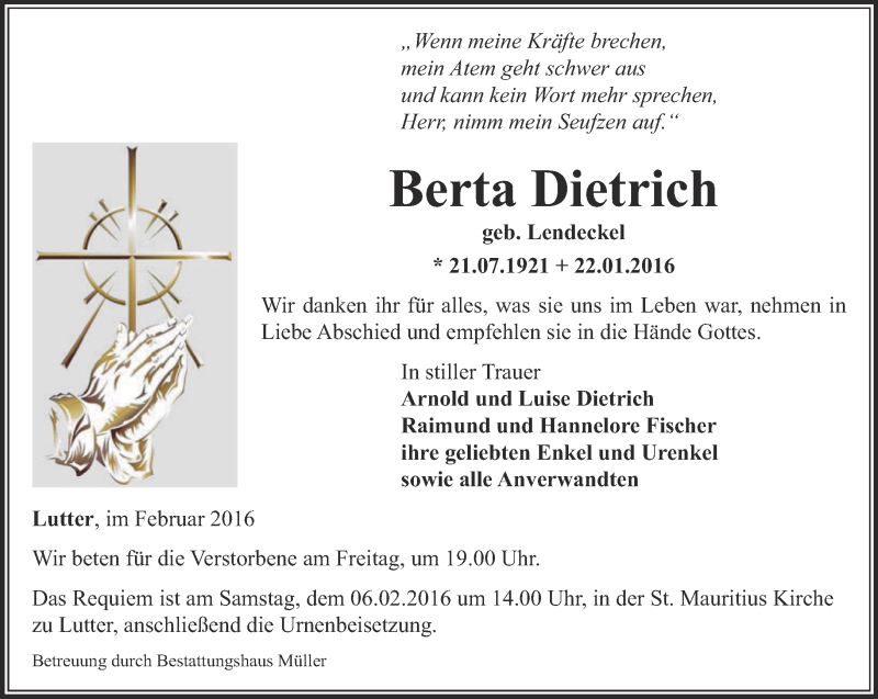  Traueranzeige für Berta Dietrich vom 03.02.2016 aus Thüringer Allgemeine