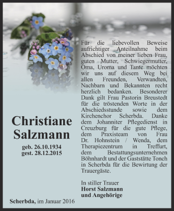 Traueranzeige von Christiane Salzmann von Thüringer Allgemeine, Thüringische Landeszeitung