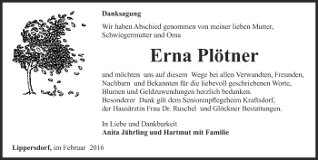 Traueranzeige von Erna Plötner von Ostthüringer Zeitung