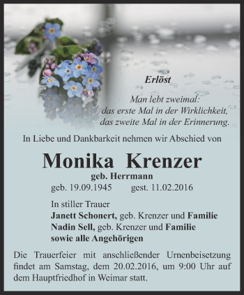 Traueranzeige von Monika Krenzer von Thüringer Allgemeine, Thüringische Landeszeitung