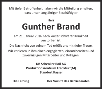 Traueranzeige von Gunther Brand von Thüringer Allgemeine, Thüringische Landeszeitung
