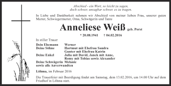 Traueranzeige von Anneliese Weiß von Ostthüringer Zeitung