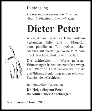 Traueranzeige von Dieter Peter von Thüringer Allgemeine