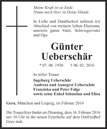 Traueranzeige von Günter Ueberschär von Ostthüringer Zeitung