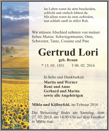 Traueranzeige von Gertrud Lori von Thüringer Allgemeine, Thüringische Landeszeitung