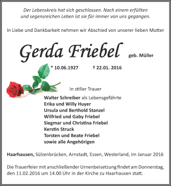 Traueranzeige von Gerda Friebel von Thüringer Allgemeine