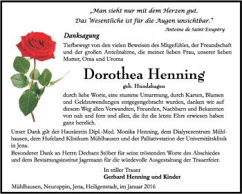 Traueranzeige von Dorothea Henning von Thüringer Allgemeine, Thüringische Landeszeitung