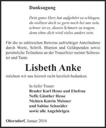 Traueranzeige von Lisbeth Anke von Ostthüringer Zeitung