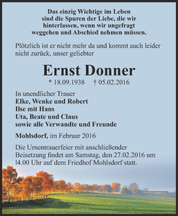 Traueranzeige von Ernst Donner von Ostthüringer Zeitung