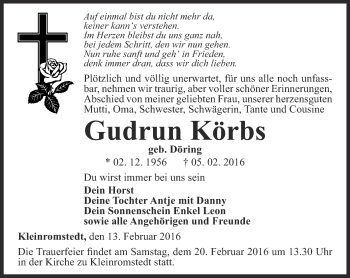 Traueranzeige von Gudrun Körbs von Ostthüringer Zeitung, Thüringische Landeszeitung