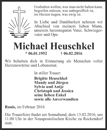 Traueranzeige von Michael Heuschkel von Ostthüringer Zeitung